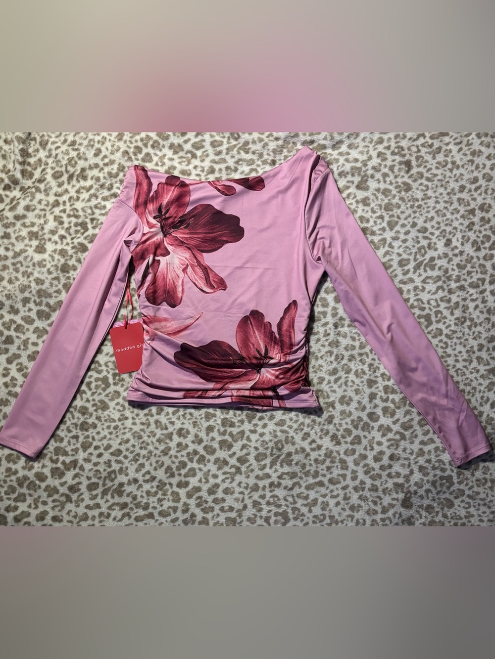 Madden Girl Light Pink Long-Sleeve Top with Dark Pink Floral Print